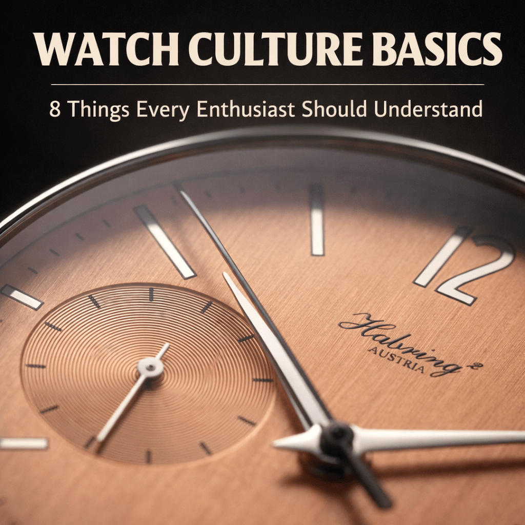 Close-up of a salmon dial watch with small seconds subdial and applied indices, showcasing fine dial finishing