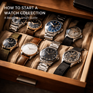 Open wooden drawer with multiple wristwatches representing a beginner watch collection