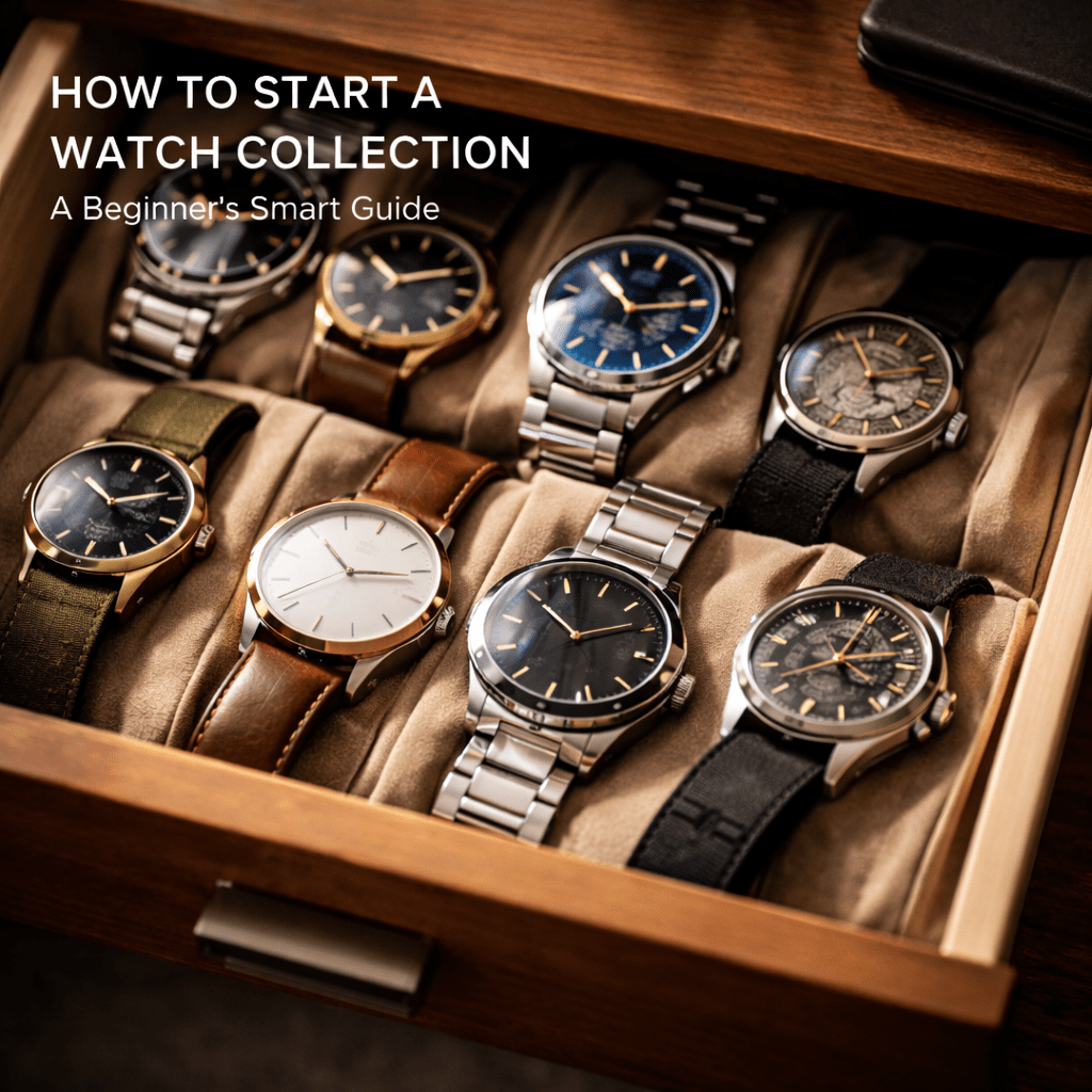 Open wooden drawer with multiple wristwatches representing a beginner watch collection