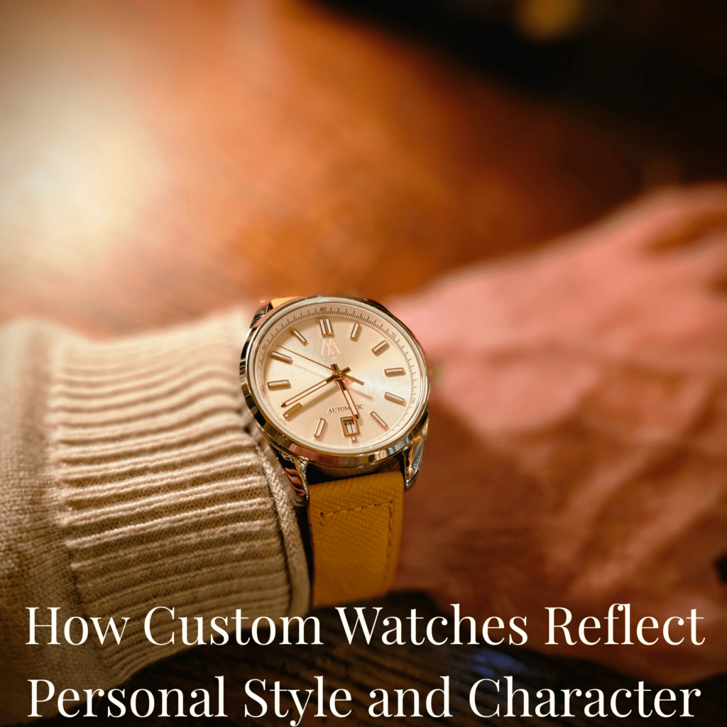 A wristwatch worn on the hand, illustrating how custom watches reflect personal style and character