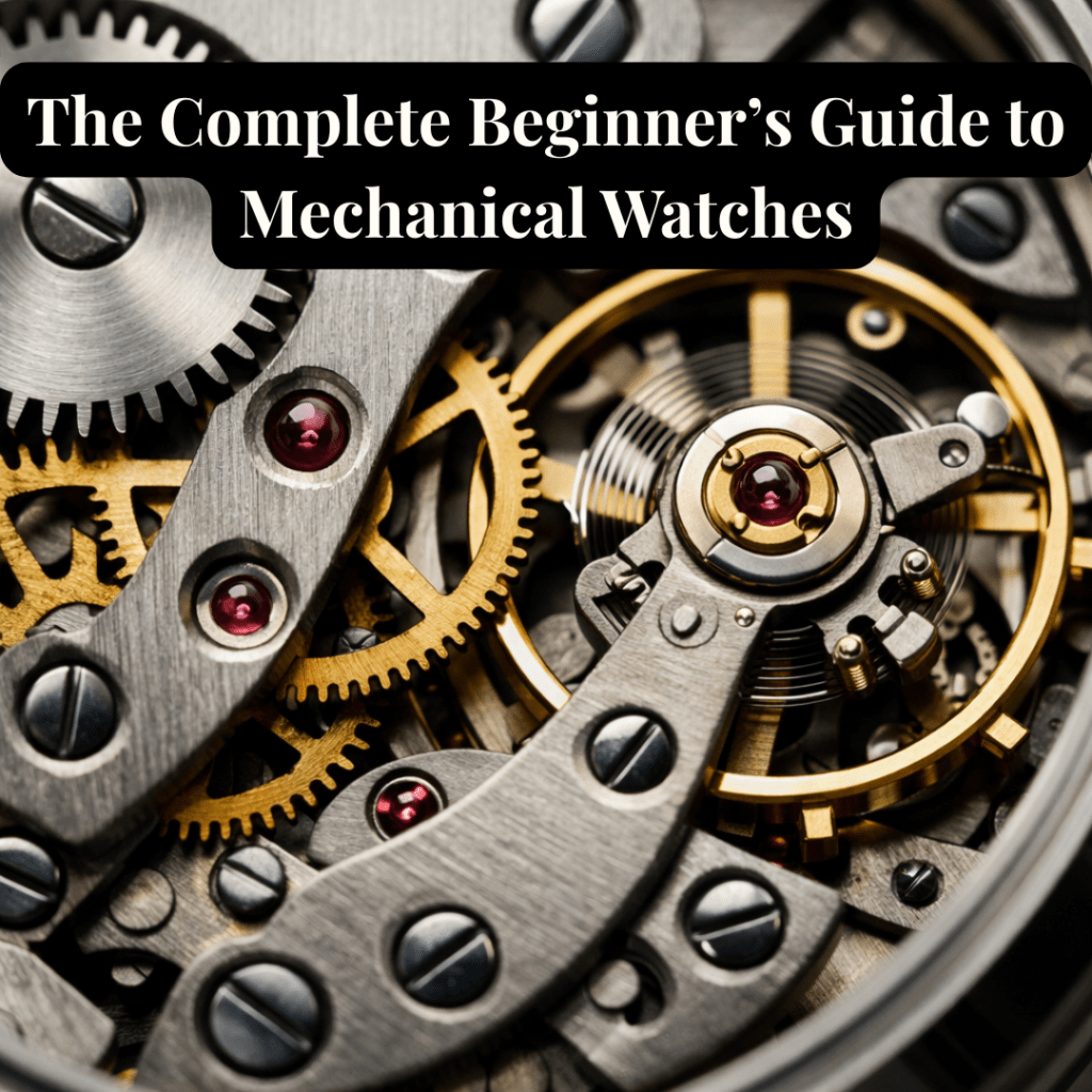 Close-up of a mechanical watch movement showing gears and balance wheel