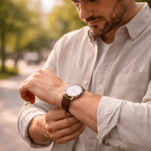 Person checking time on wristwatch instead of smartphone