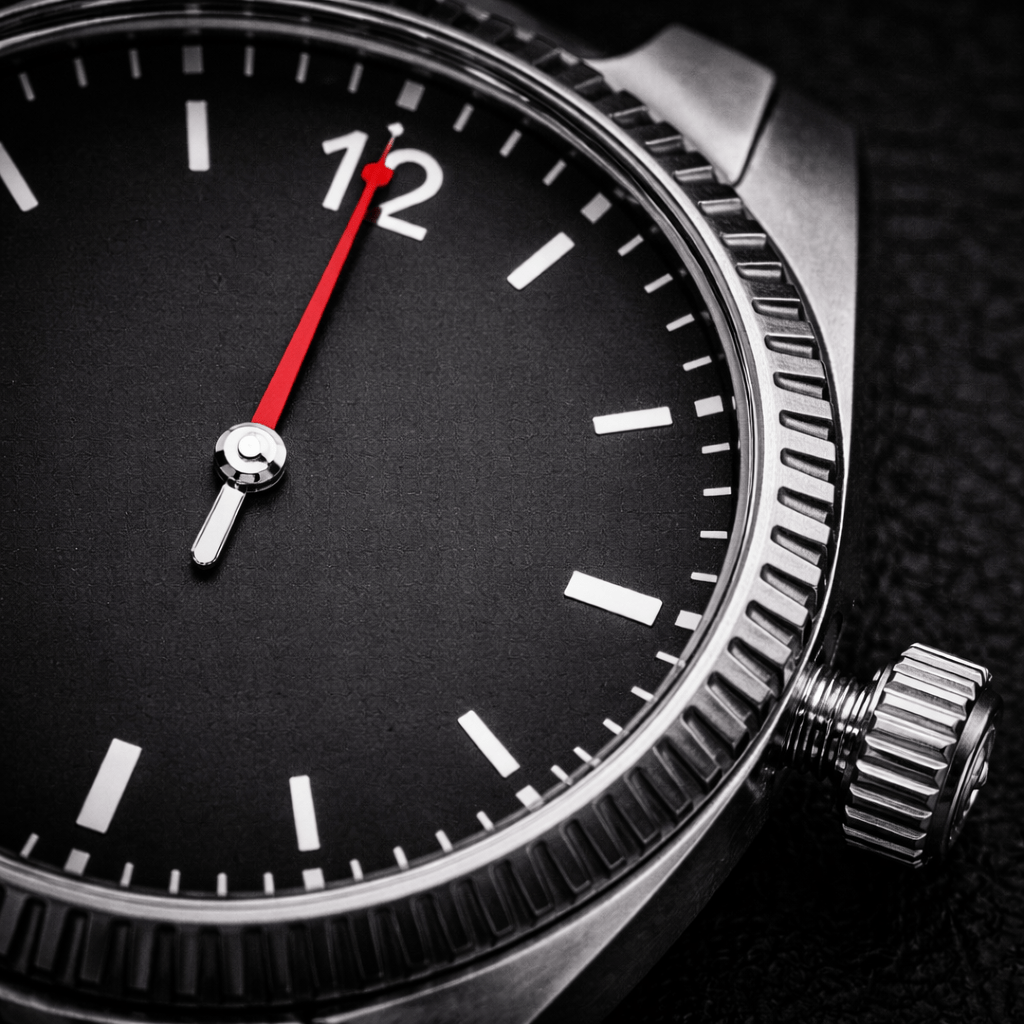 Close-up of a mechanical watch showing hacking seconds with the red second hand stopped at 12 and the crown pulled out