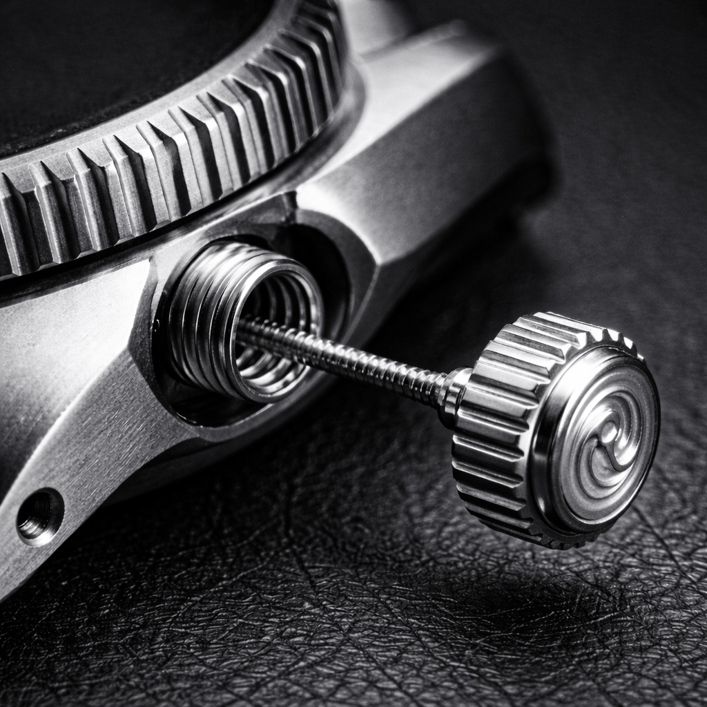 Close-up of a screw-down crown mechanism showing a thin threaded stem and case tube