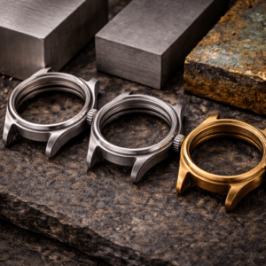 Three empty watch cases made of stainless steel, titanium and bronze displayed side by side