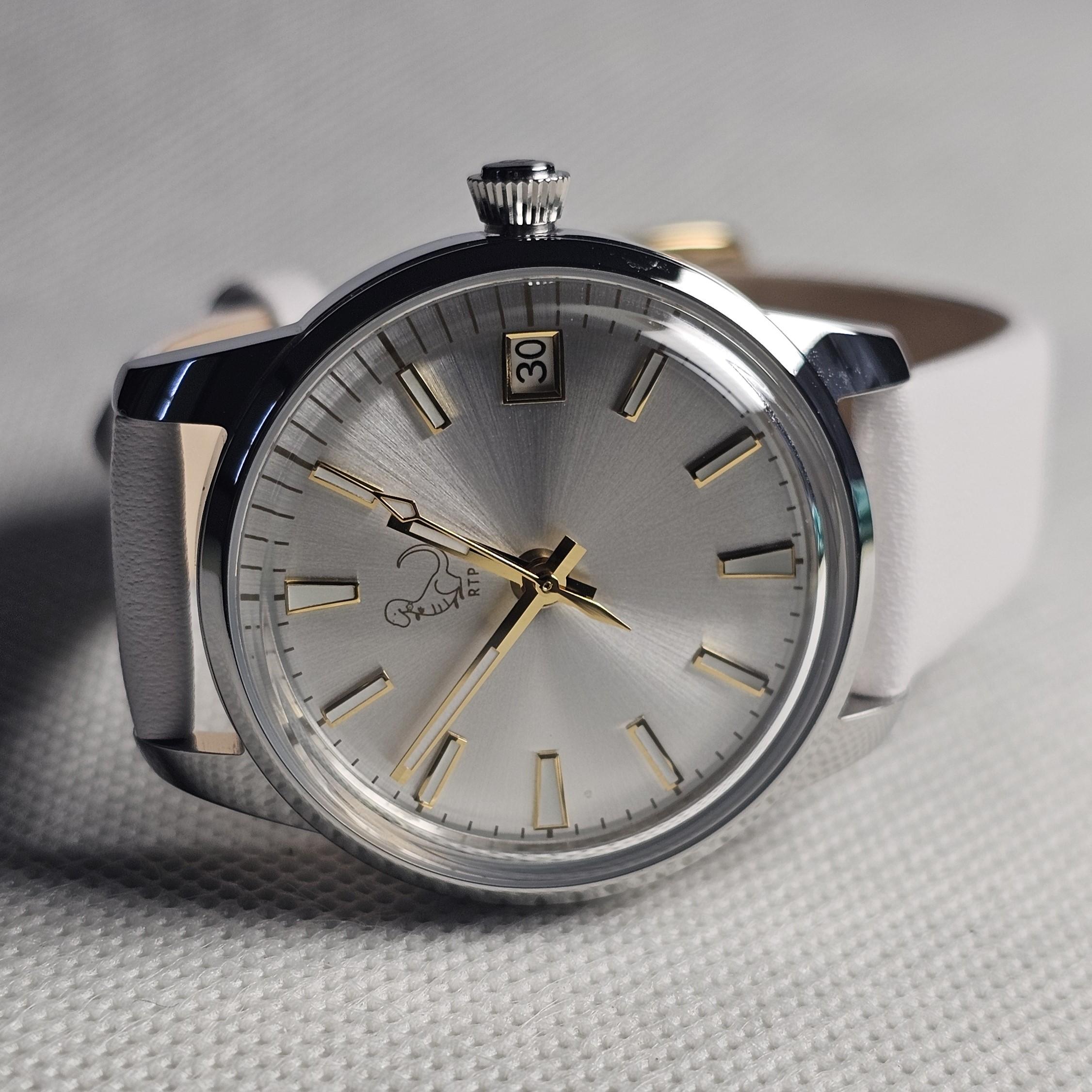 Cocktail 33mm custom mod watch front view with dress watch styling