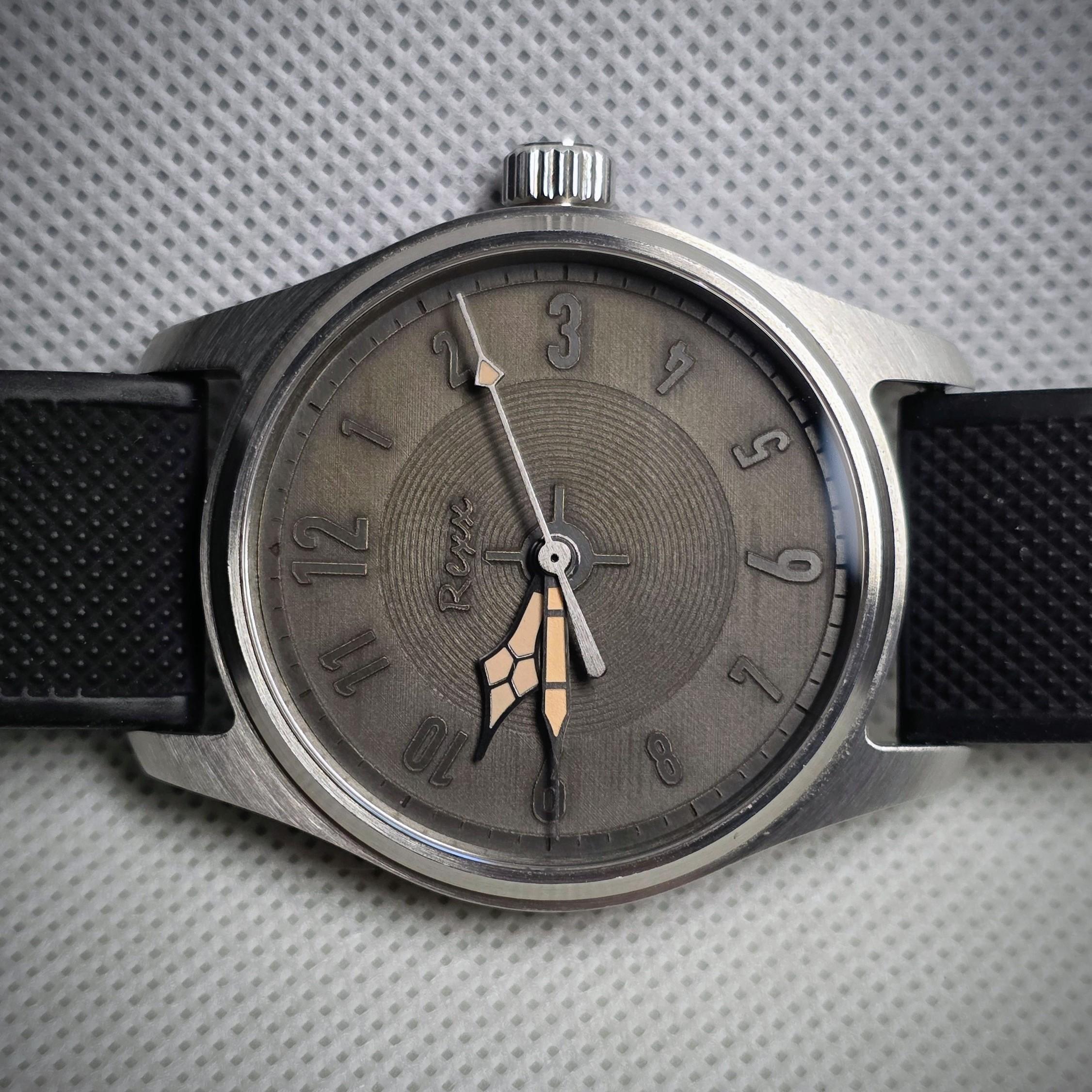 custom watch assembled with engraved dial built by Rexx Timepieces