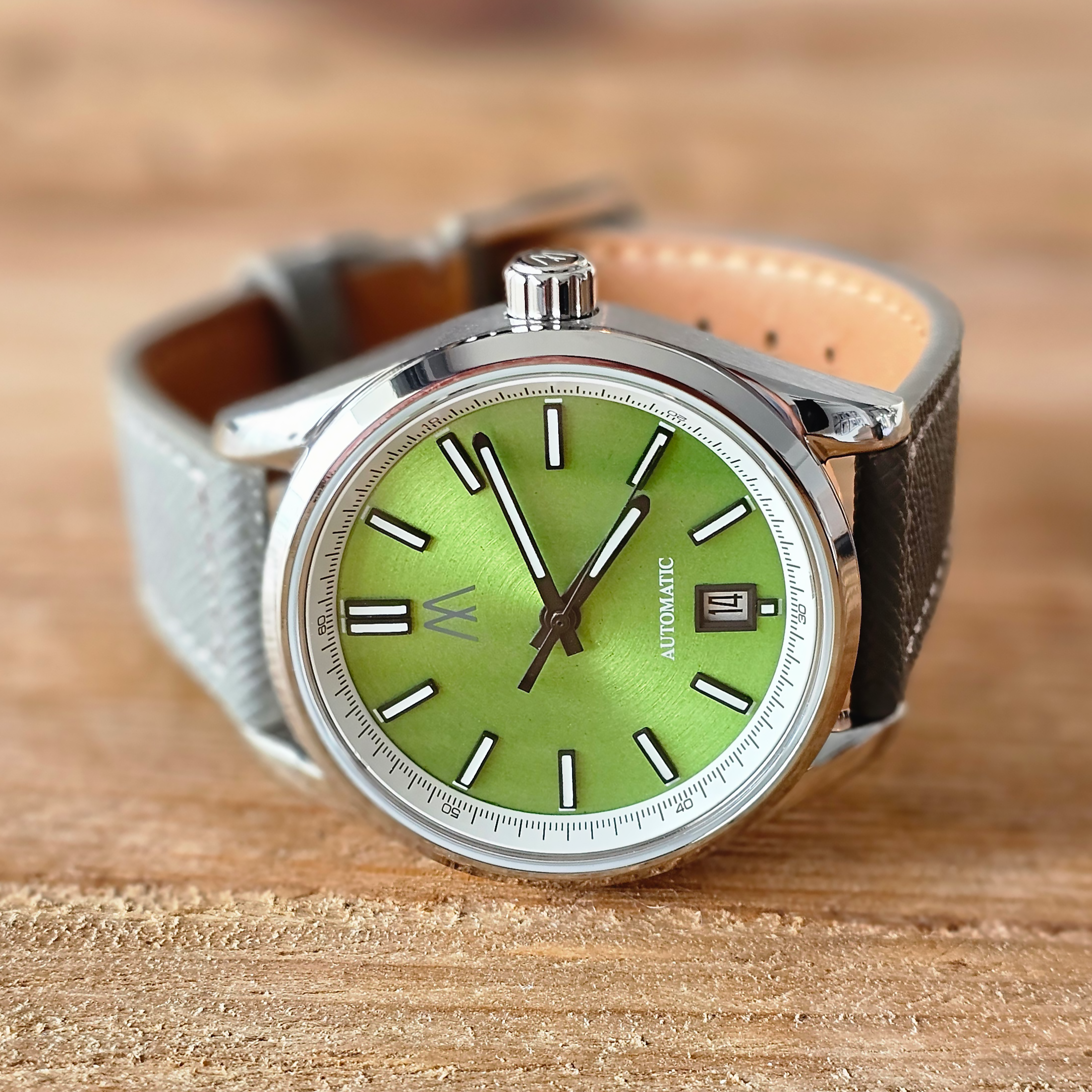 Meshberg 37 Automatic Pistachio Dream watch with black strap