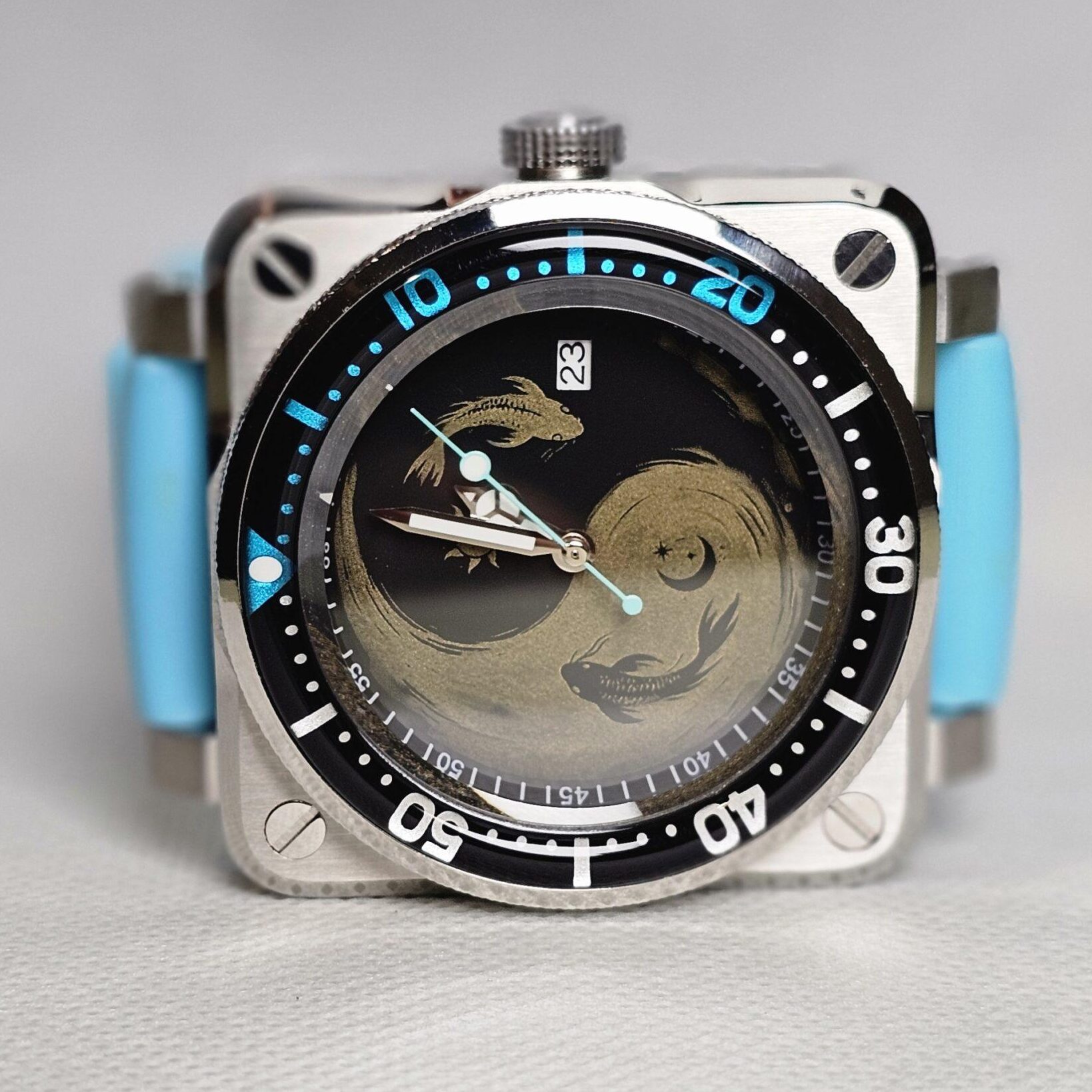 SKX007 Seiko mod with custom koi fish dial engraved on a black background