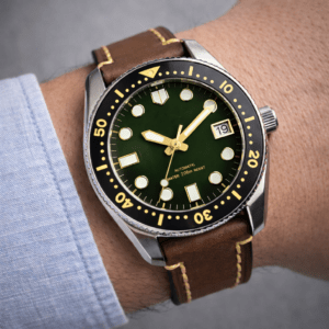 SPB185 Seiko mod on the wrist showing a custom dial and rugged tool watch design