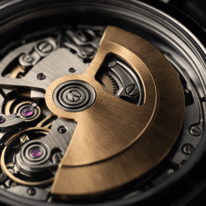 automatic watch rotor mechanism close up showing self winding movement inside watch