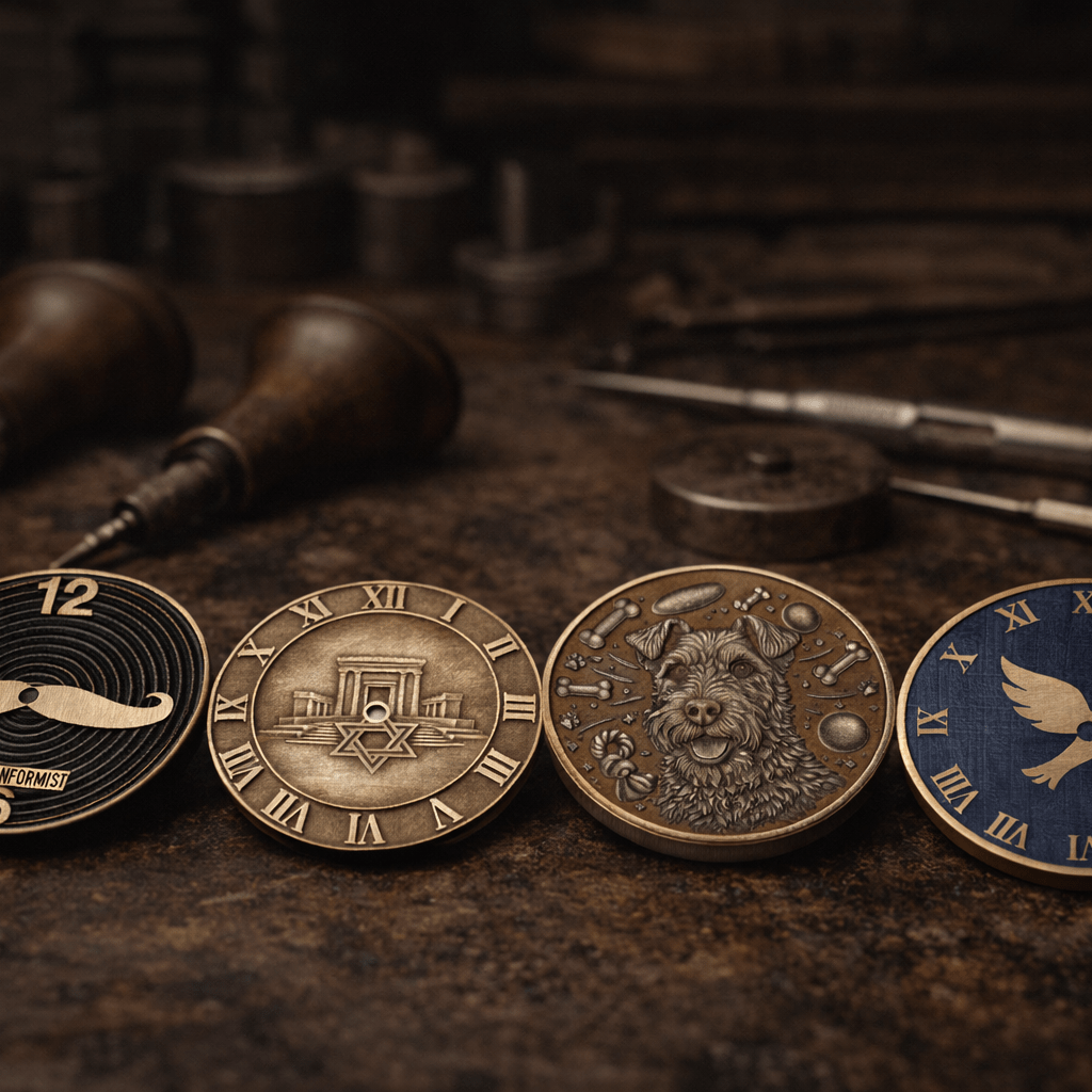 custom watch dials placed on a wooden workbench during modding process