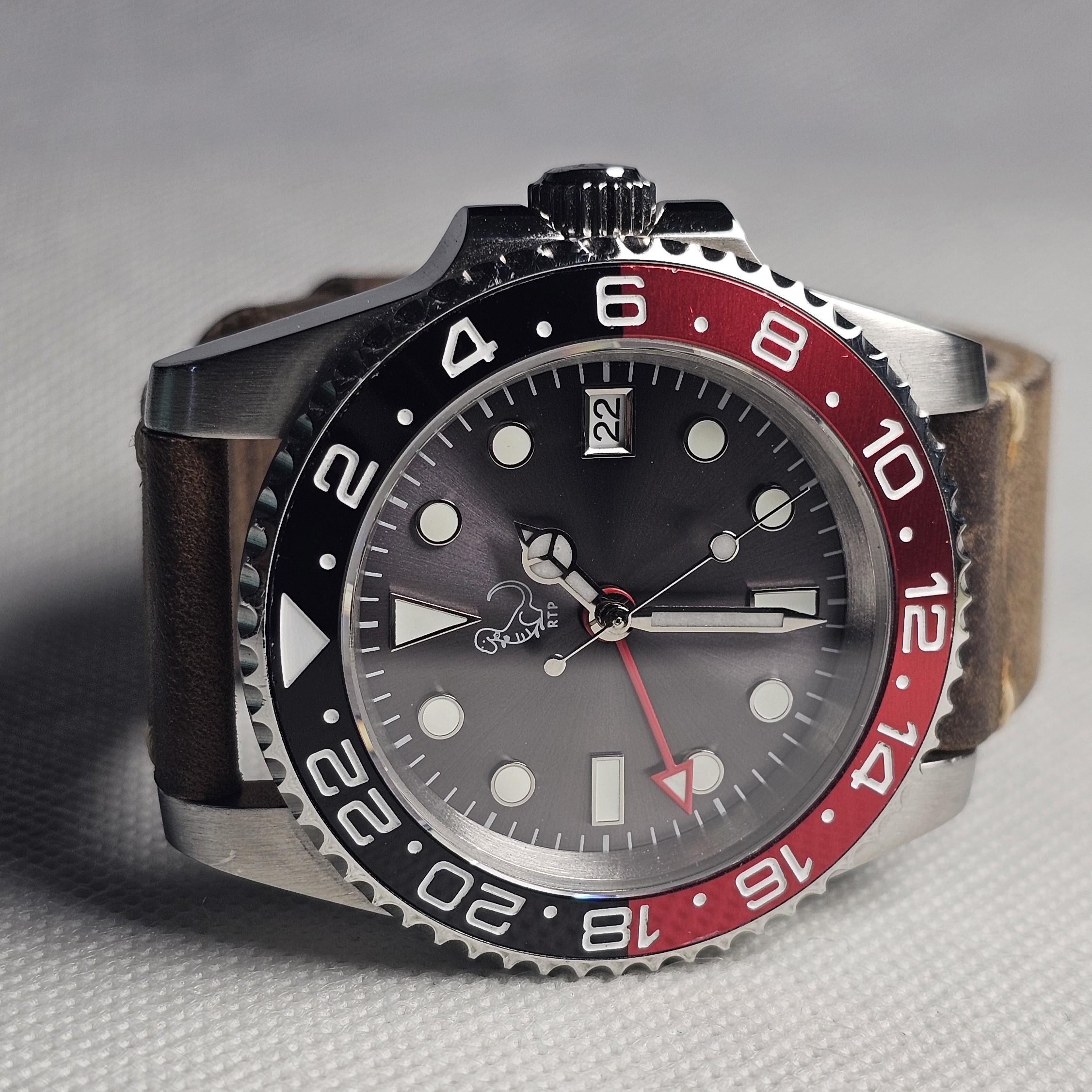 Submariner GMT style homage watch on leather strap