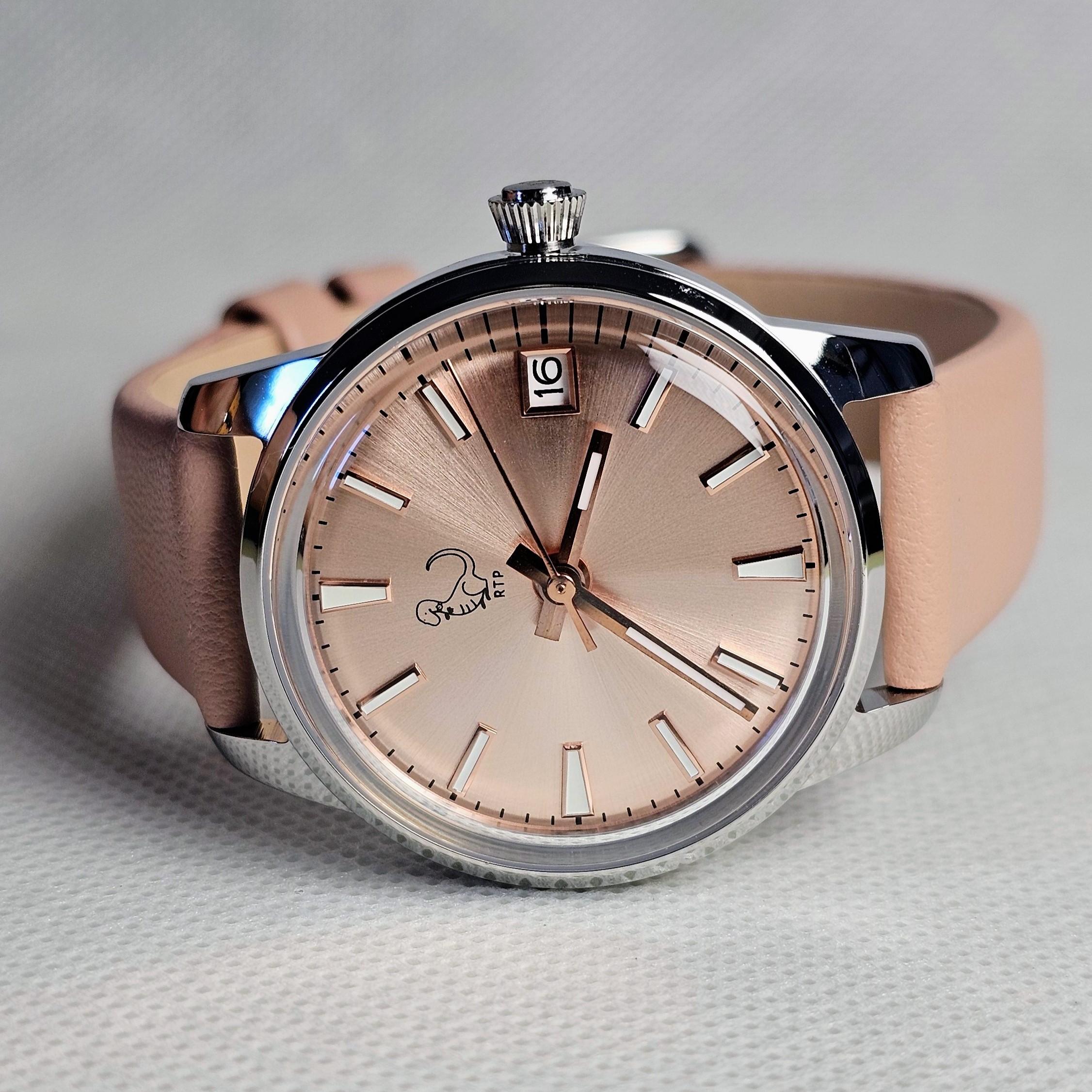 Seiko Cocktail 33mm mod build pink dial custom watch Rexx Timepieces