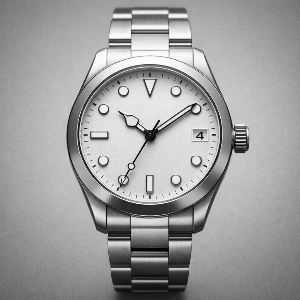 Mechanical wristwatch set to 10:10 showing the classic display position used in watch photography