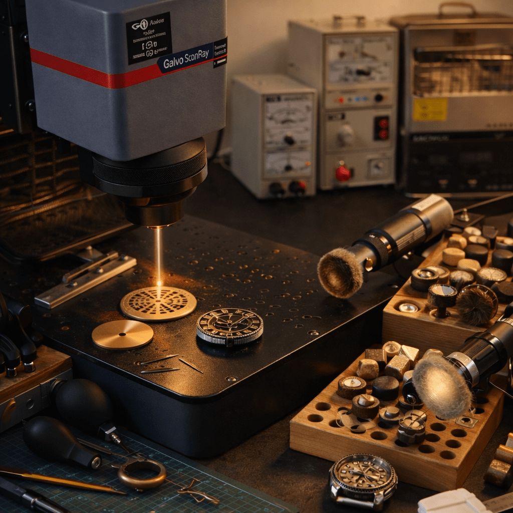 watchmaking workshop with laser engraving machine electroplating setup and modding tools