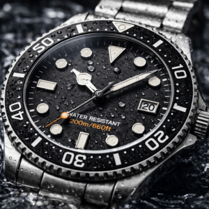 Dive watch with water droplets showing 200 meter water resistance rating