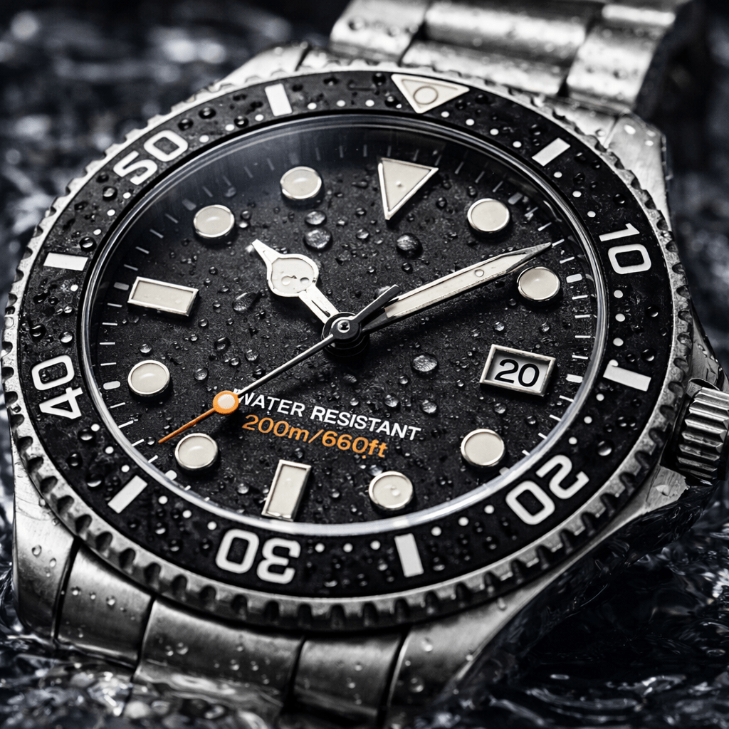 Dive watch with water droplets showing 200 meter water resistance rating
