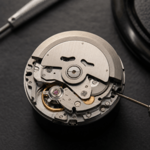 Close-up of an automatic watch movement on a watchmaker workbench for NH35 Seiko modding education