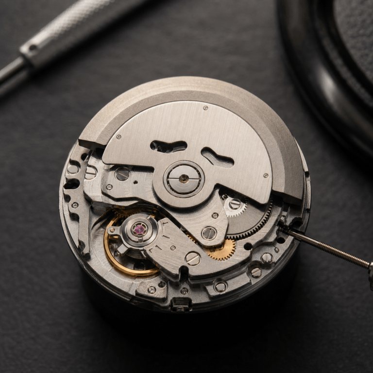 Close-up of an automatic watch movement on a watchmaker workbench for NH35 Seiko modding education