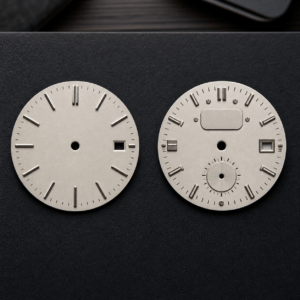 Two anonymous watch dial mockups comparing balanced and crowded dial design decisions