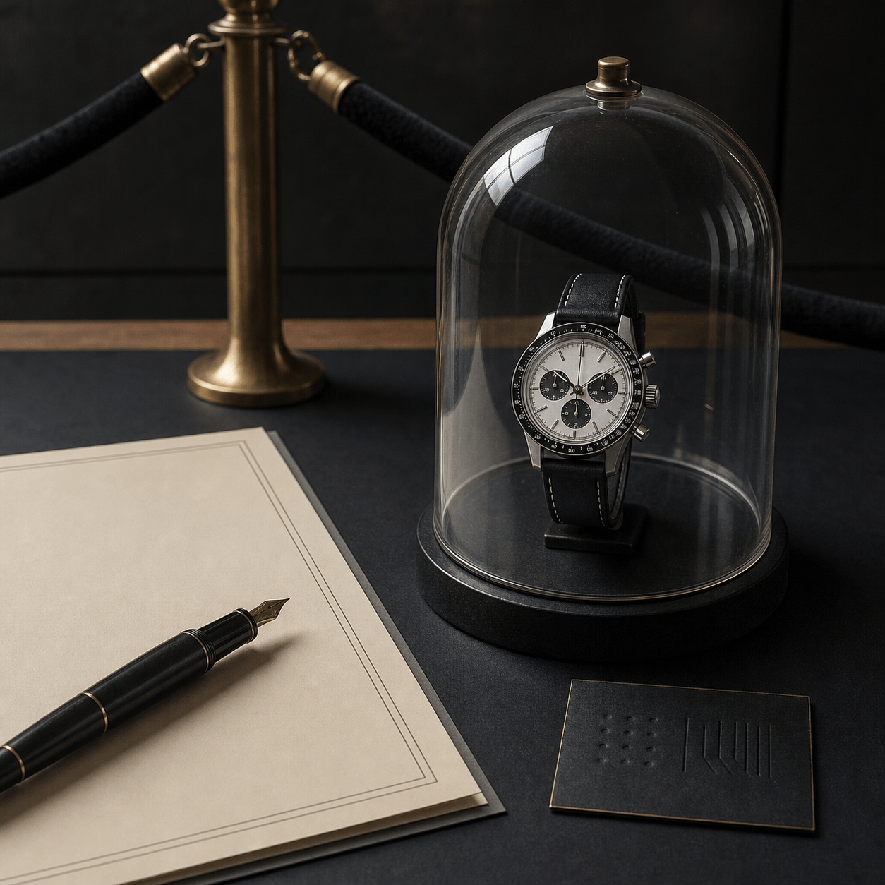 Application-only watches illustrated by an unbranded chronograph behind glass and a blank form