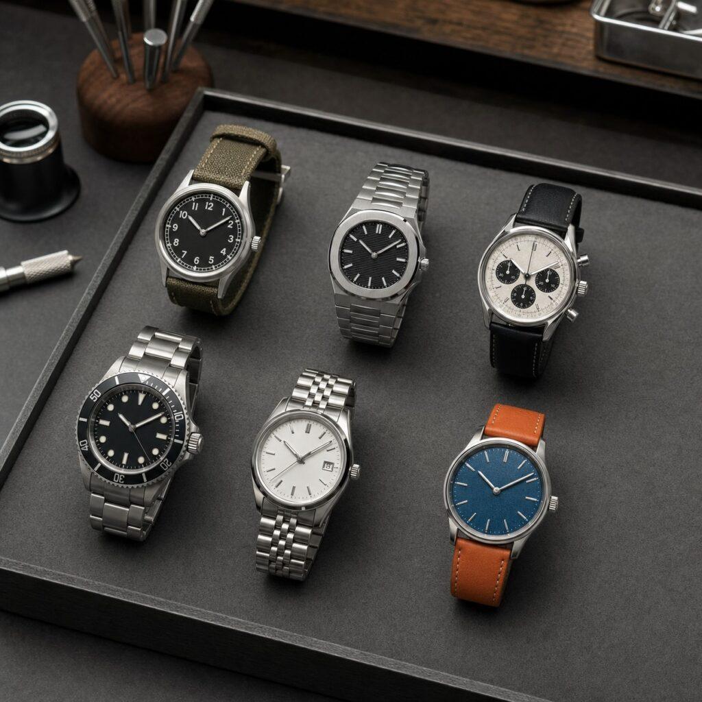 Best watches under $1000 represented by six unbranded field, sports, chronograph, dive, and everyday watches
