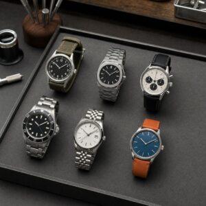 Best watches under $1000 represented by six unbranded field, sports, chronograph, dive, and everyday watches