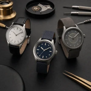 Three unbranded microbrand watches with distinct dial and case designs on a watchmaker bench