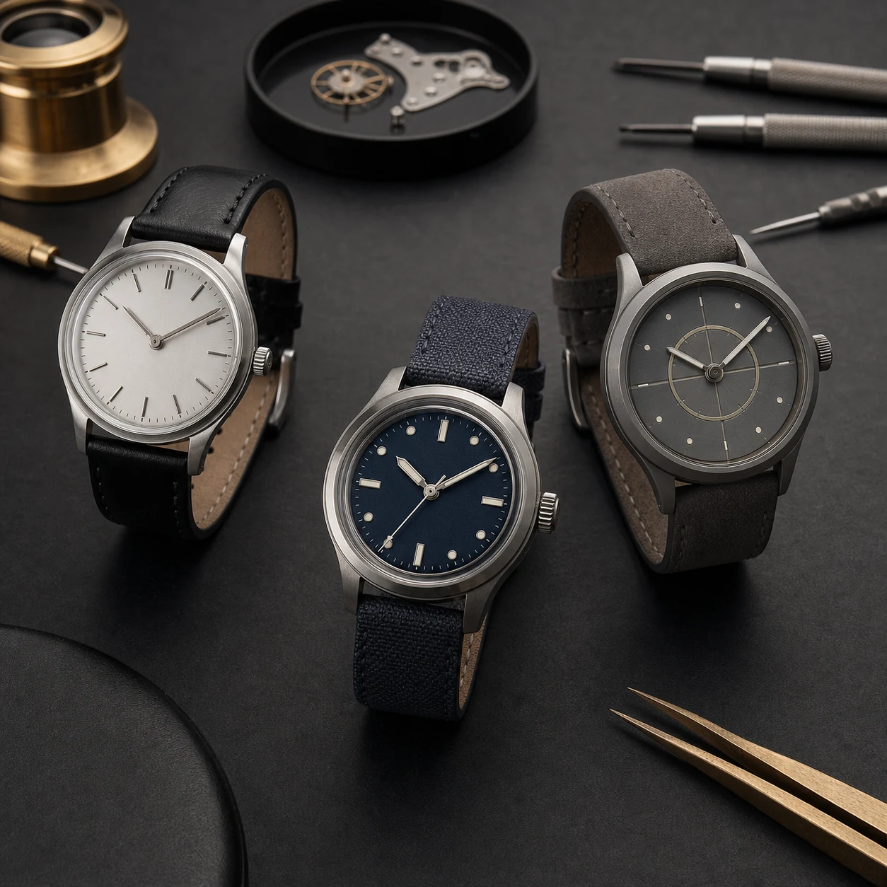 Three unbranded microbrand watches with distinct dial and case designs on a watchmaker bench