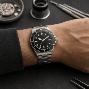Unbranded midsize dive watch with compact lugs and rotating bezel shown on the wrist