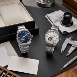 New vs pre-owned watches compared on a watchmaker's inspection bench