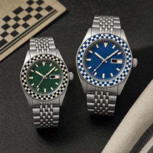 Editorial illustration for the Seiko Rally Diver collaboration showing unbranded green and blue sport watches in two sizes