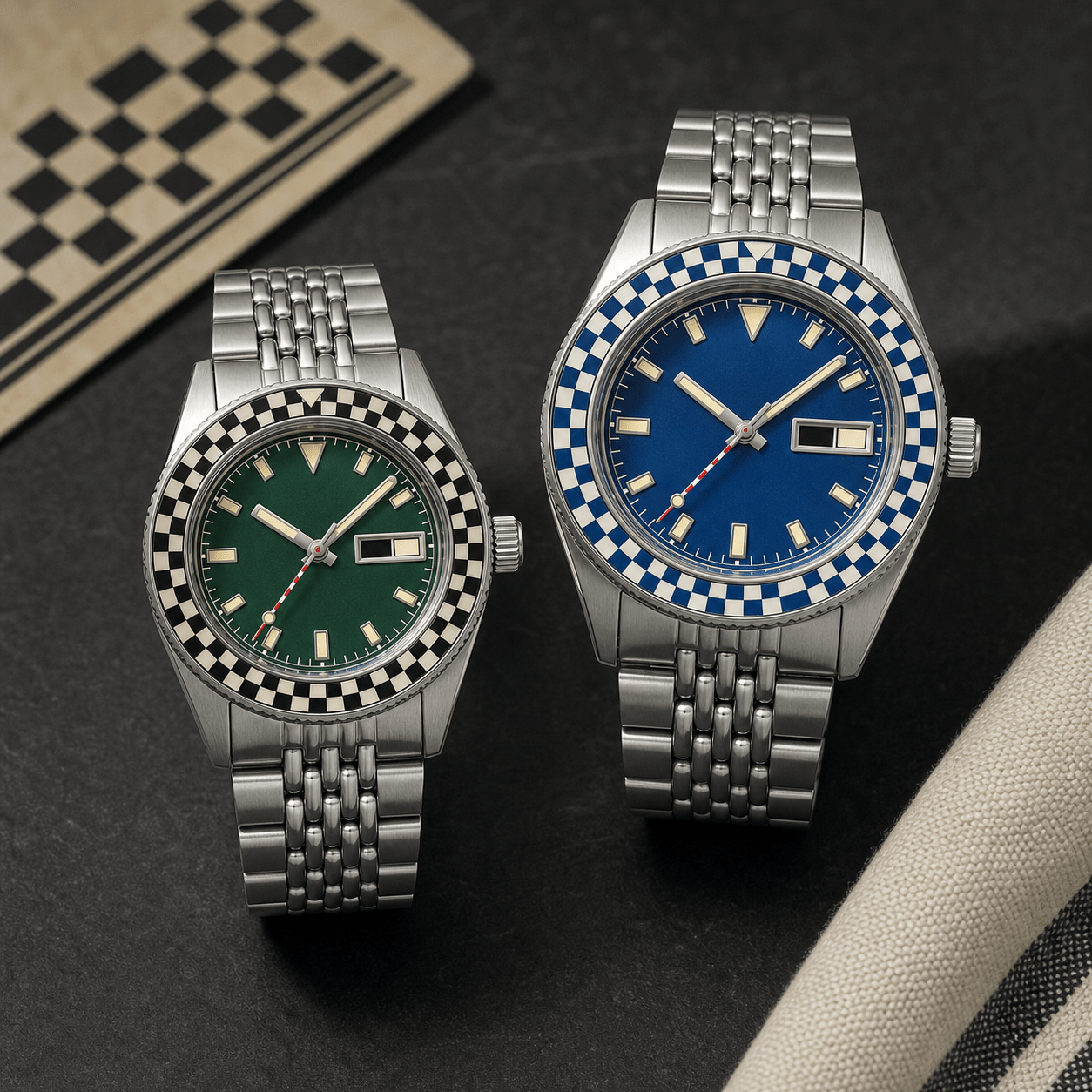 Editorial illustration for the Seiko Rally Diver collaboration showing unbranded green and blue sport watches in two sizes