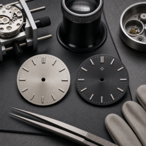 Sterile vs branded mod dials shown as two fictional watch dials on a watchmaker bench