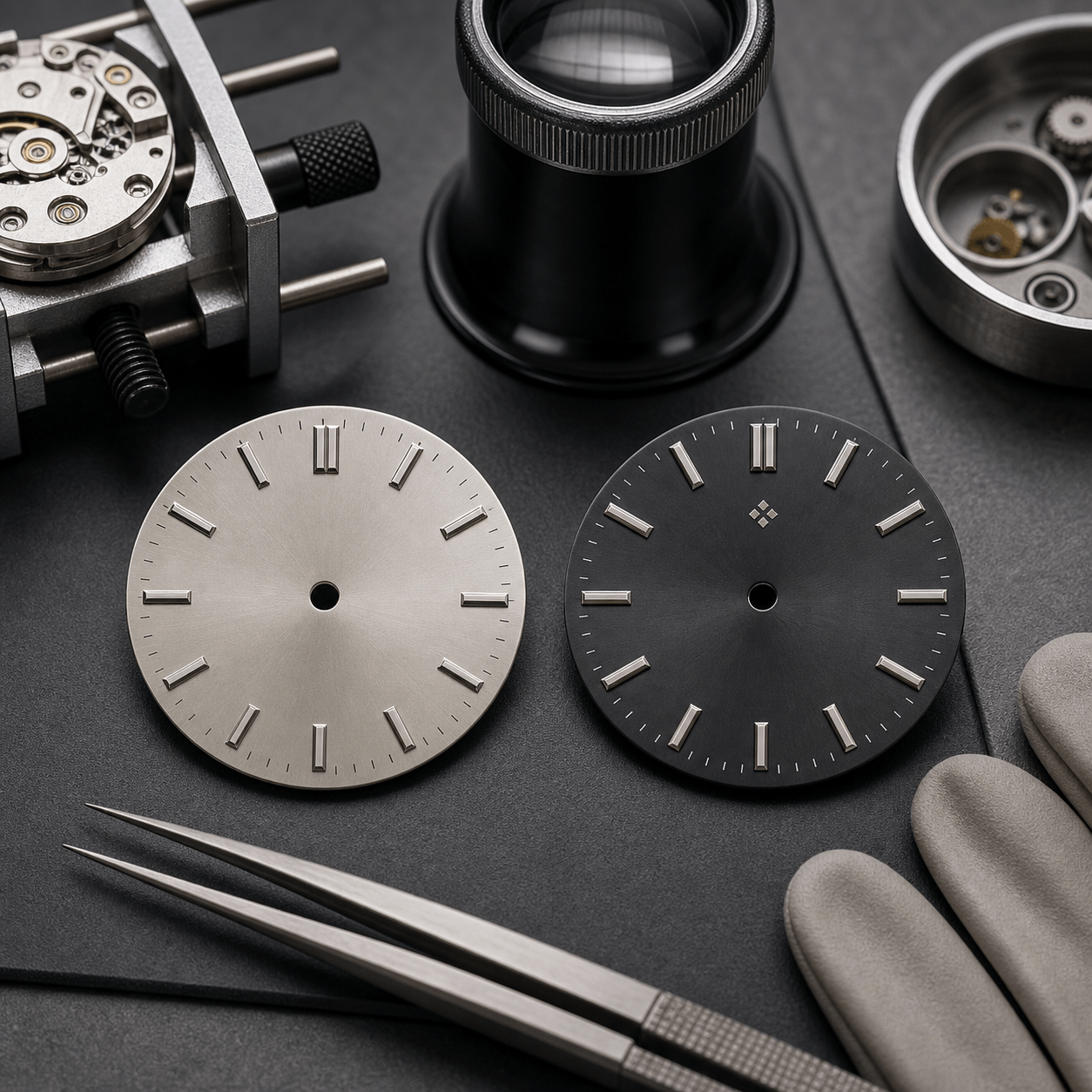 Sterile vs branded mod dials shown as two fictional watch dials on a watchmaker bench