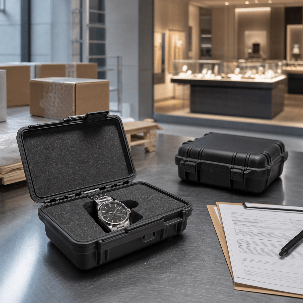 Mechanical watch packed in a protective export case before a separate retail sale