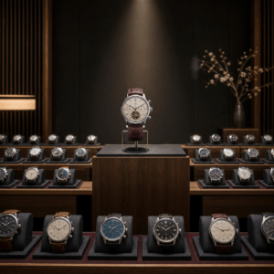 Watch auction records represented by an unbranded chronograph on a spotlighted auction plinth