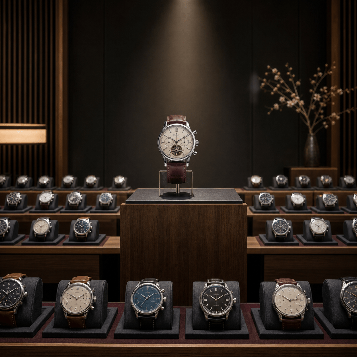 Watch auction records represented by an unbranded chronograph on a spotlighted auction plinth
