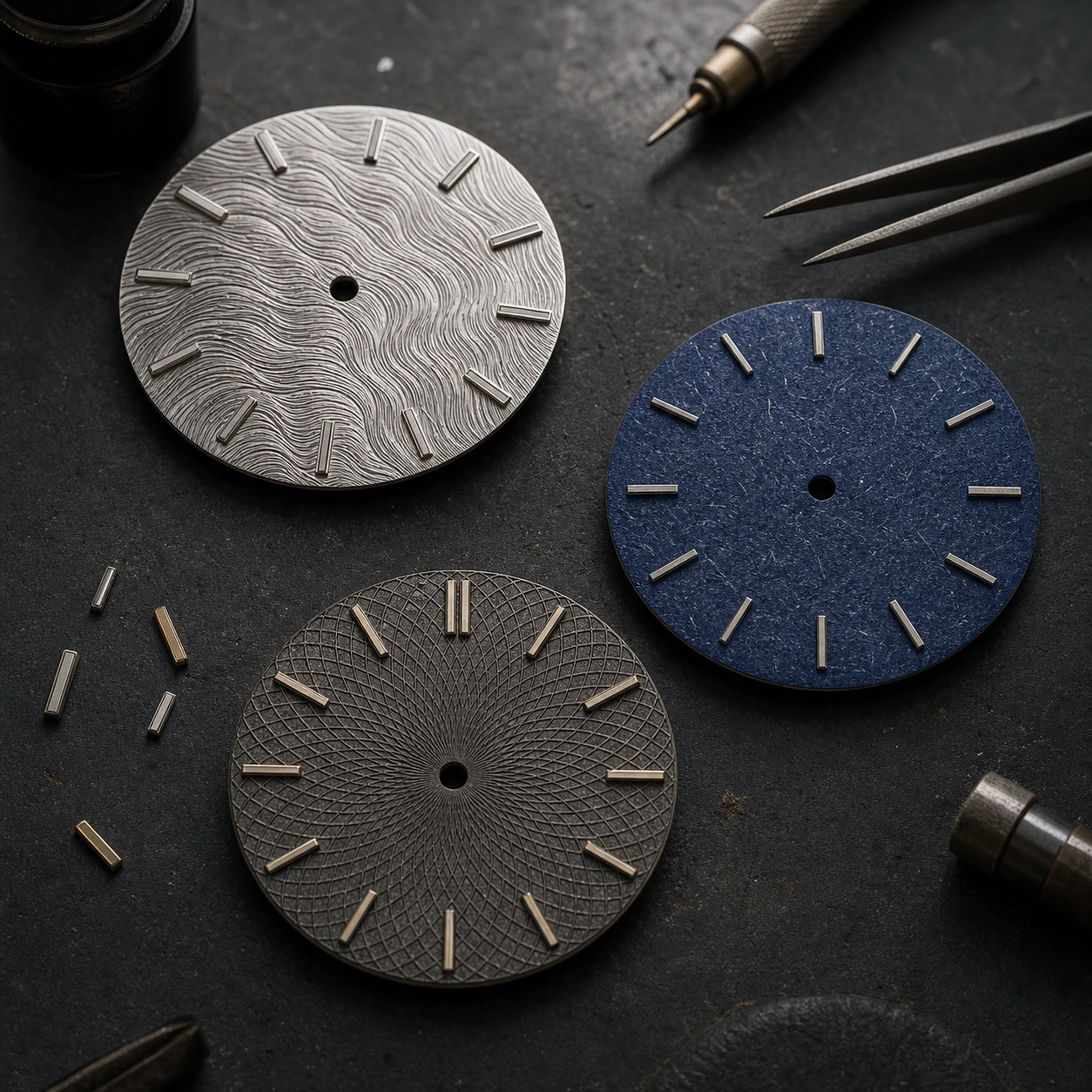 Editorial arrangement of engraved metal, indigo-textured and darkened watch dial materials on a watchmaker's bench