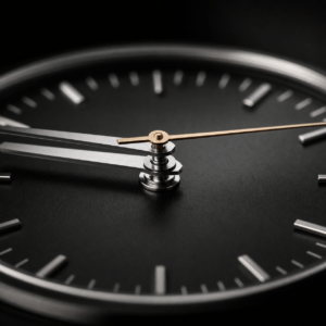 Macro view of separated hour, minute, and seconds hands above a black watch dial