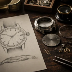 Watch design sketch and real mechanical watch parts on a workbench showing the difference between render and finished watch
