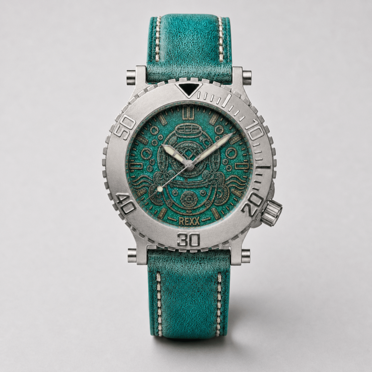 Completed Deep Heritage collaboration watch with turquoise engraved dial and matching strap