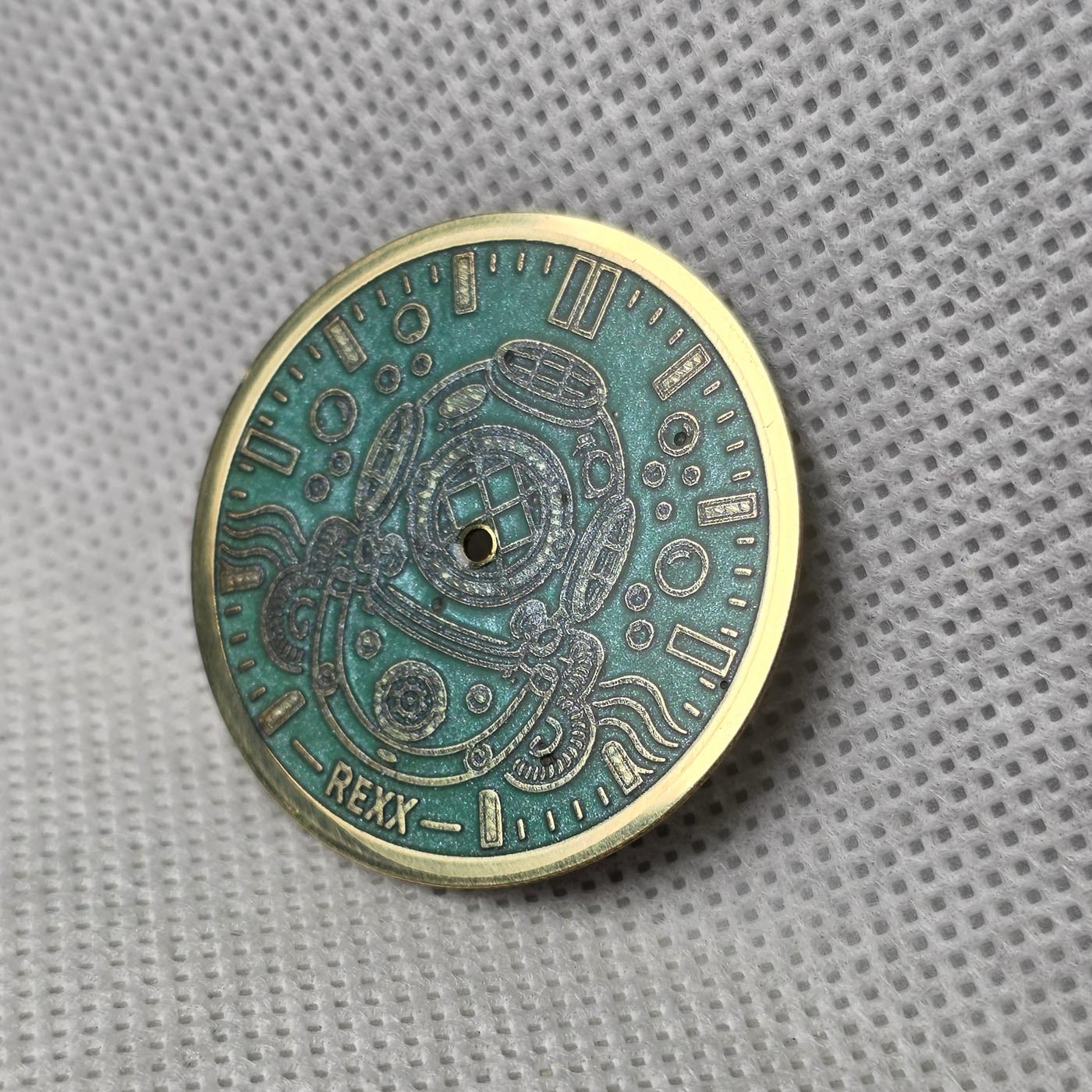 Angled view of the Deep Heritage turquoise resin watch dial