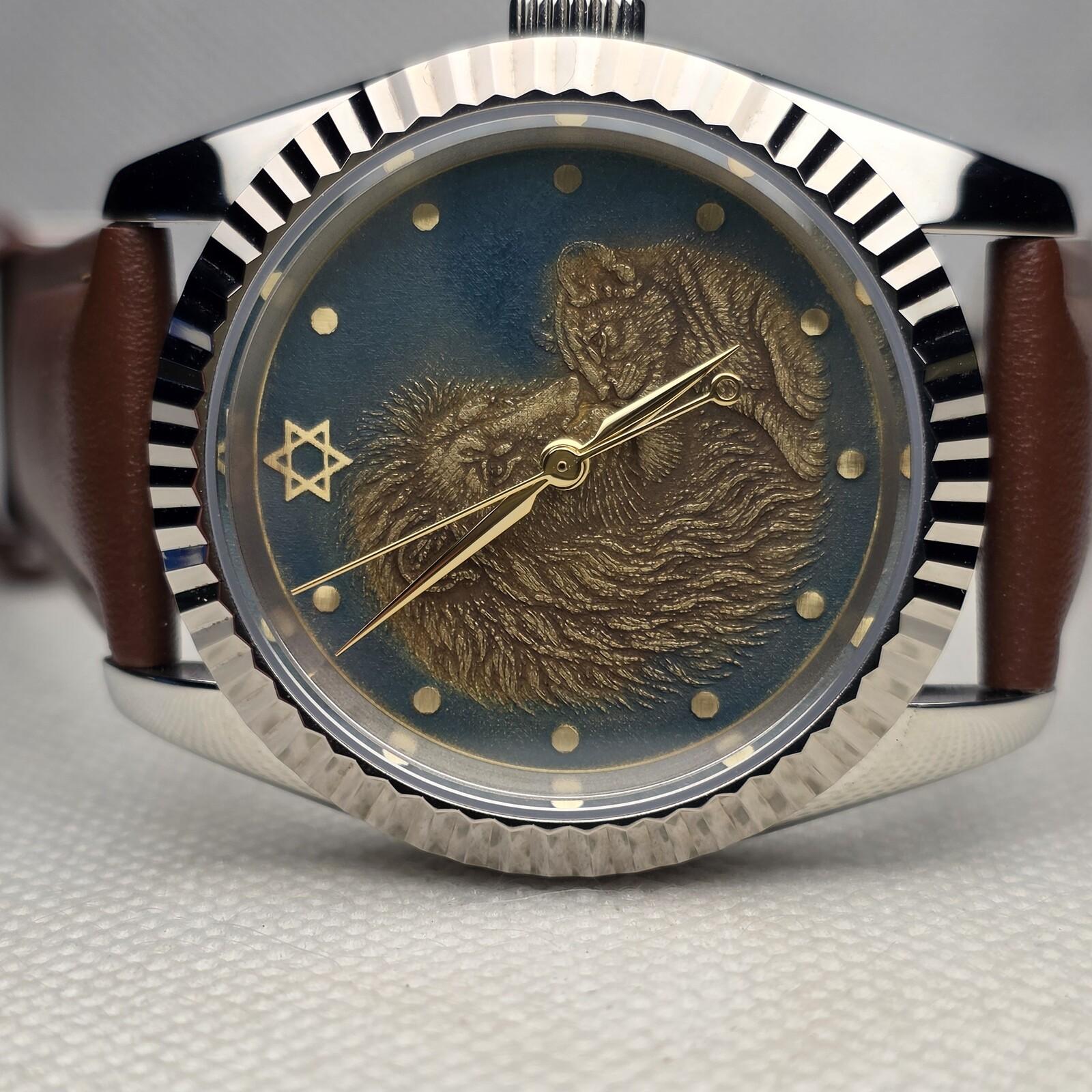 Finished figurative custom watch photographed for prototype documentation