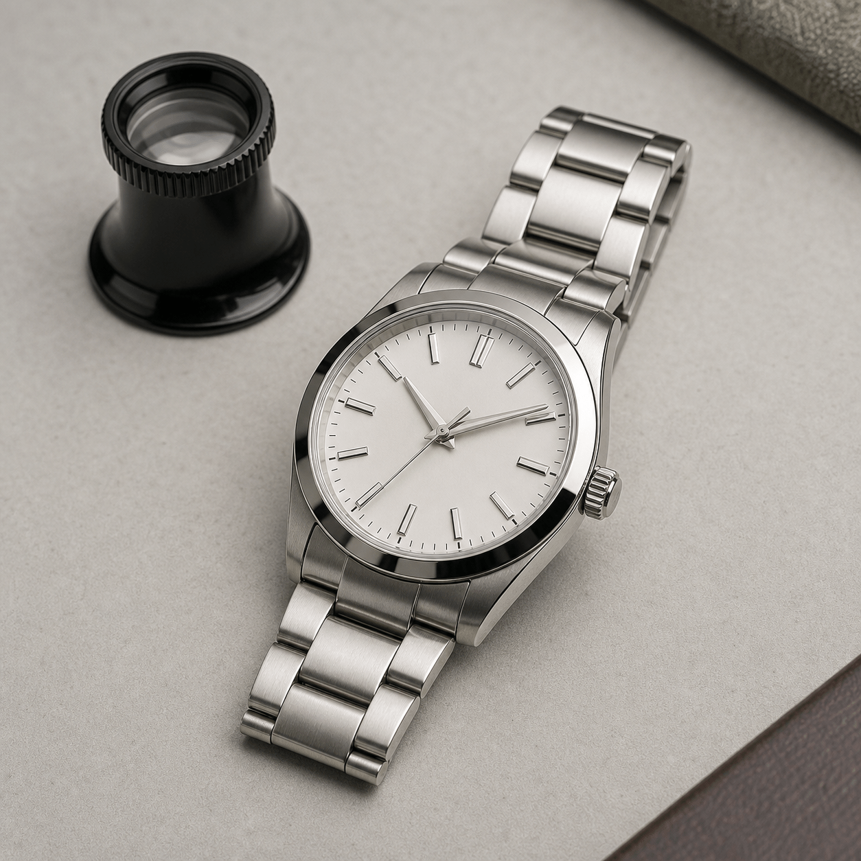 Unbranded stainless-steel watch under soft inspection light beside a watchmaker's loupe