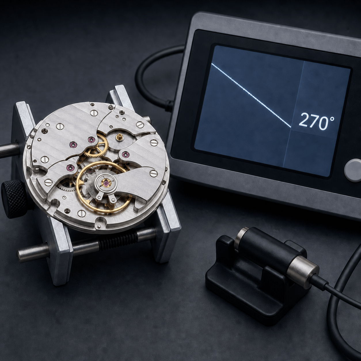Unbranded mechanical watch movement beside a timing machine displaying 270 degrees of amplitude