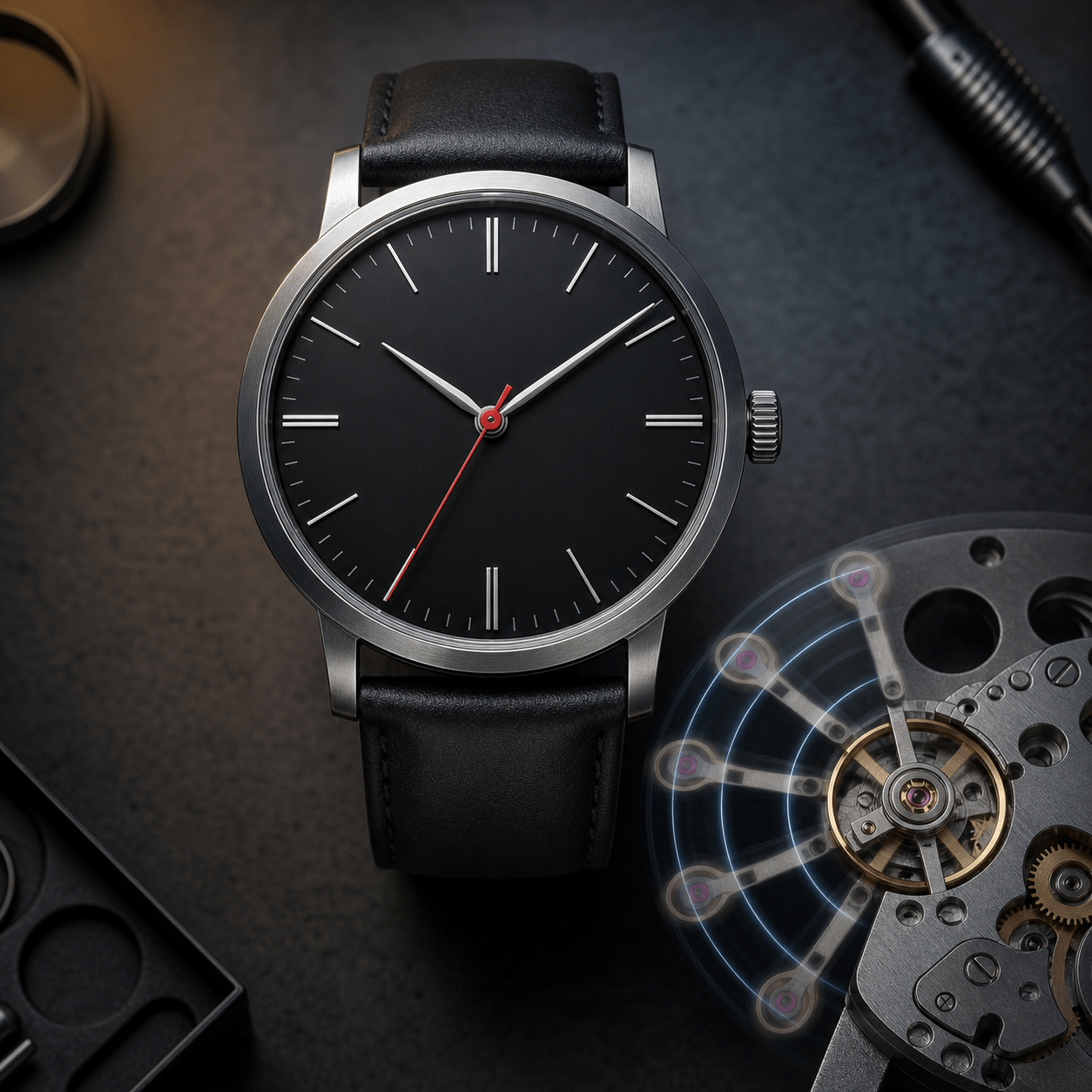 Unbranded mechanical watch beside a balance wheel shown in six oscillating positions