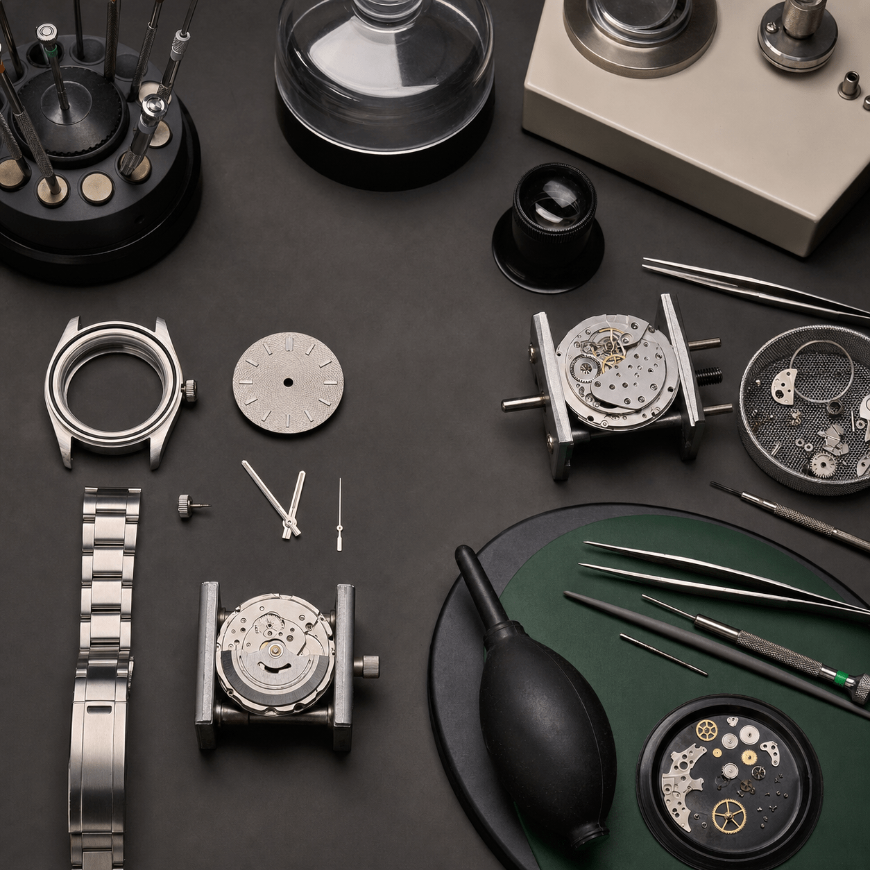 Watch building parts beside professional watchmaking service tools