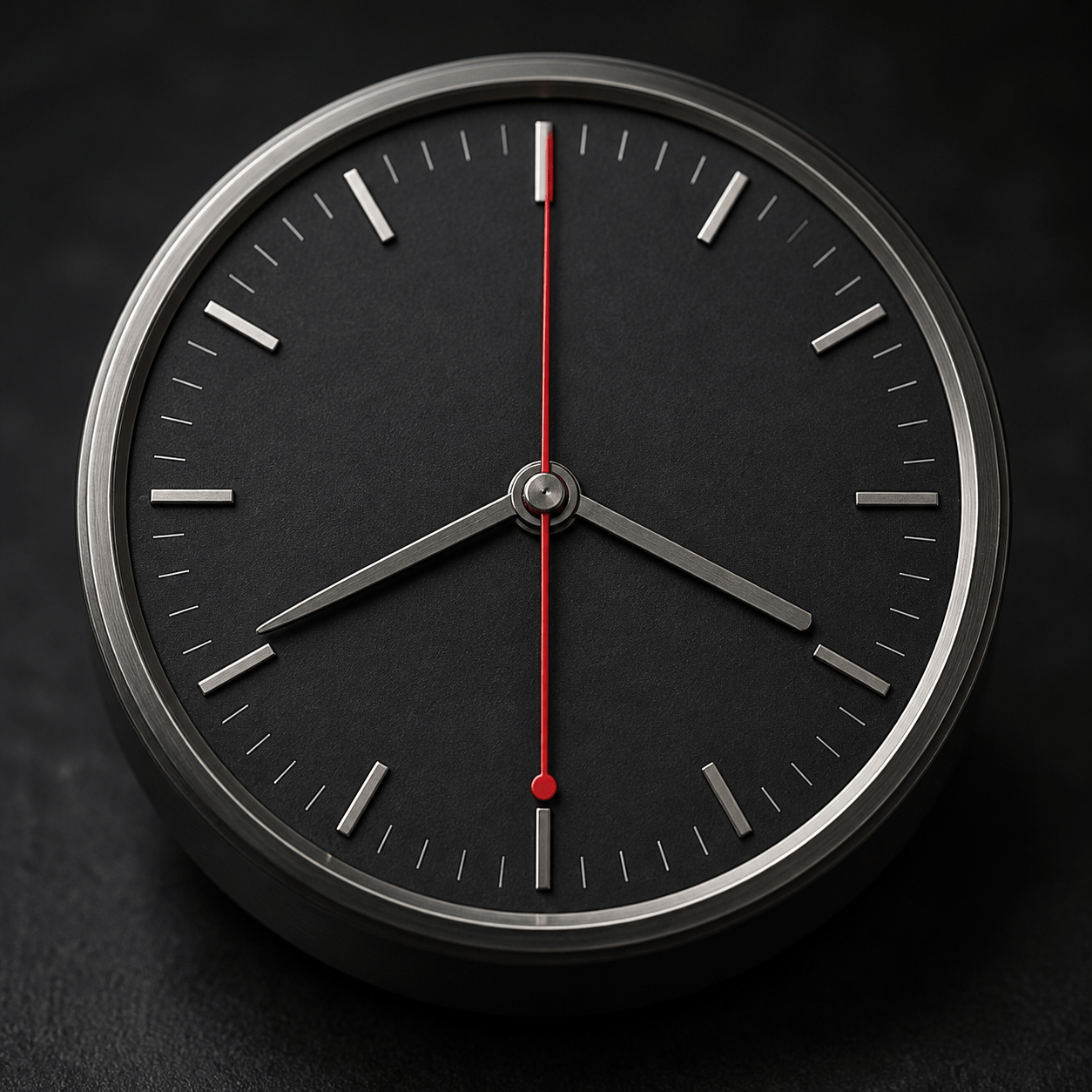 Red seconds hand with a round counterweight opposite its long pointer on an unbranded black watch dial